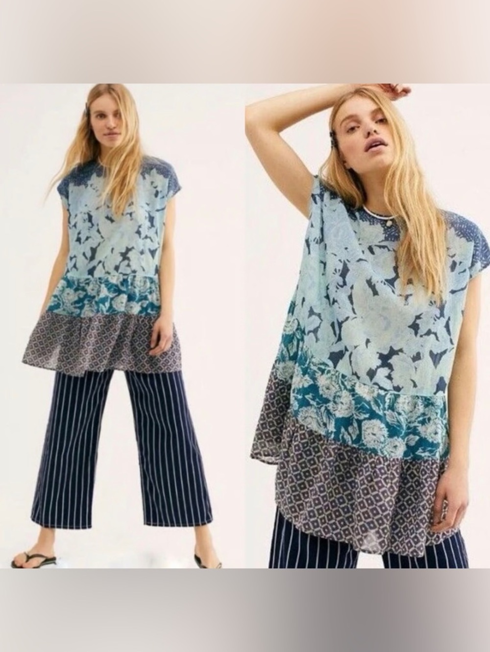 Free People “Gotta Have You” Blue Multi-Print Tiered Tunic